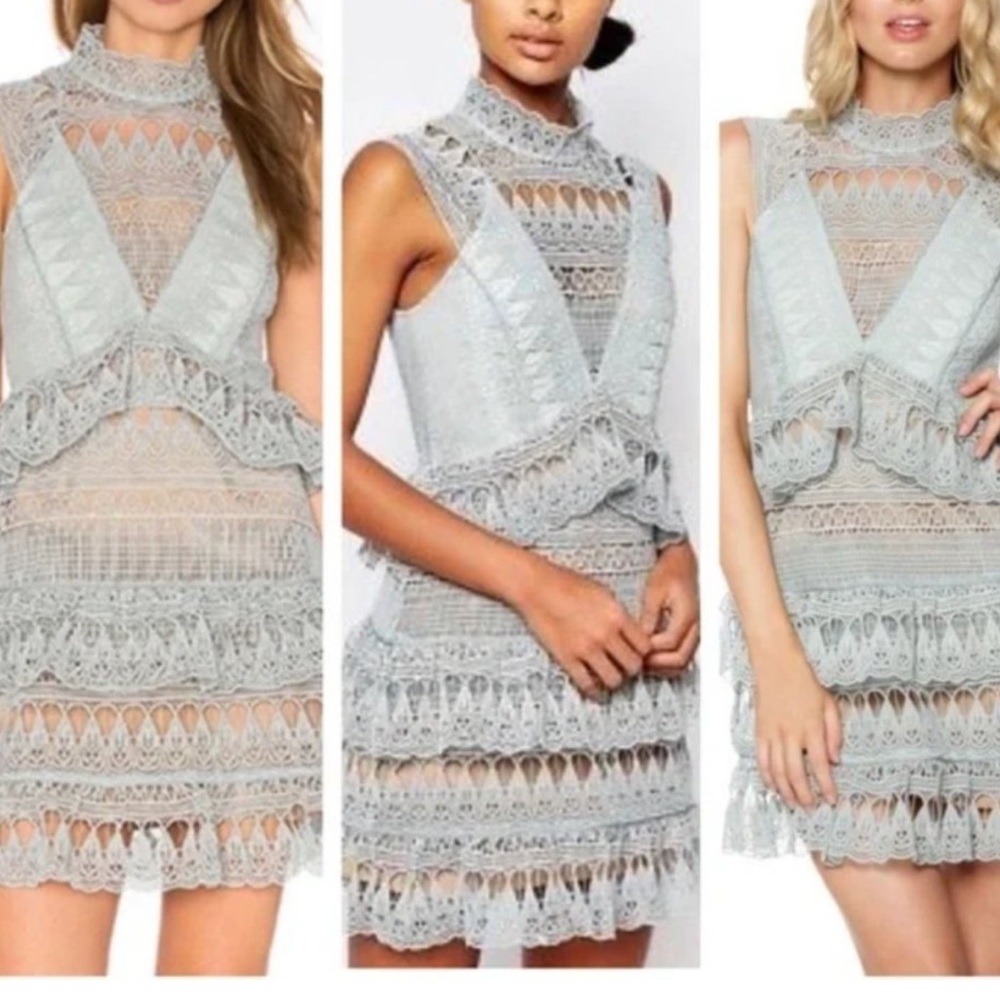 Self Portrait Tear Drop Guipure Tiered Lace Minidress in Mint US 4 NWT